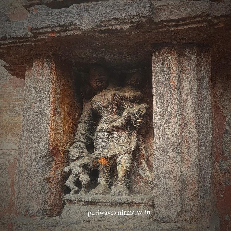 Yashoda and Rohoni are depicted caring for Krishna and Balarama. Yashoda, the foster mother of Krishna, is shown holding one child on her lap while the other walks beside her, holding her hand.