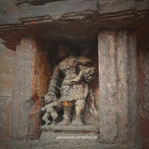 Yashoda and Rohoni are depicted caring for Krishna and Balarama. Yashoda, the foster mother of Krishna, is shown holding one child on her lap while the other walks beside her, holding her hand.